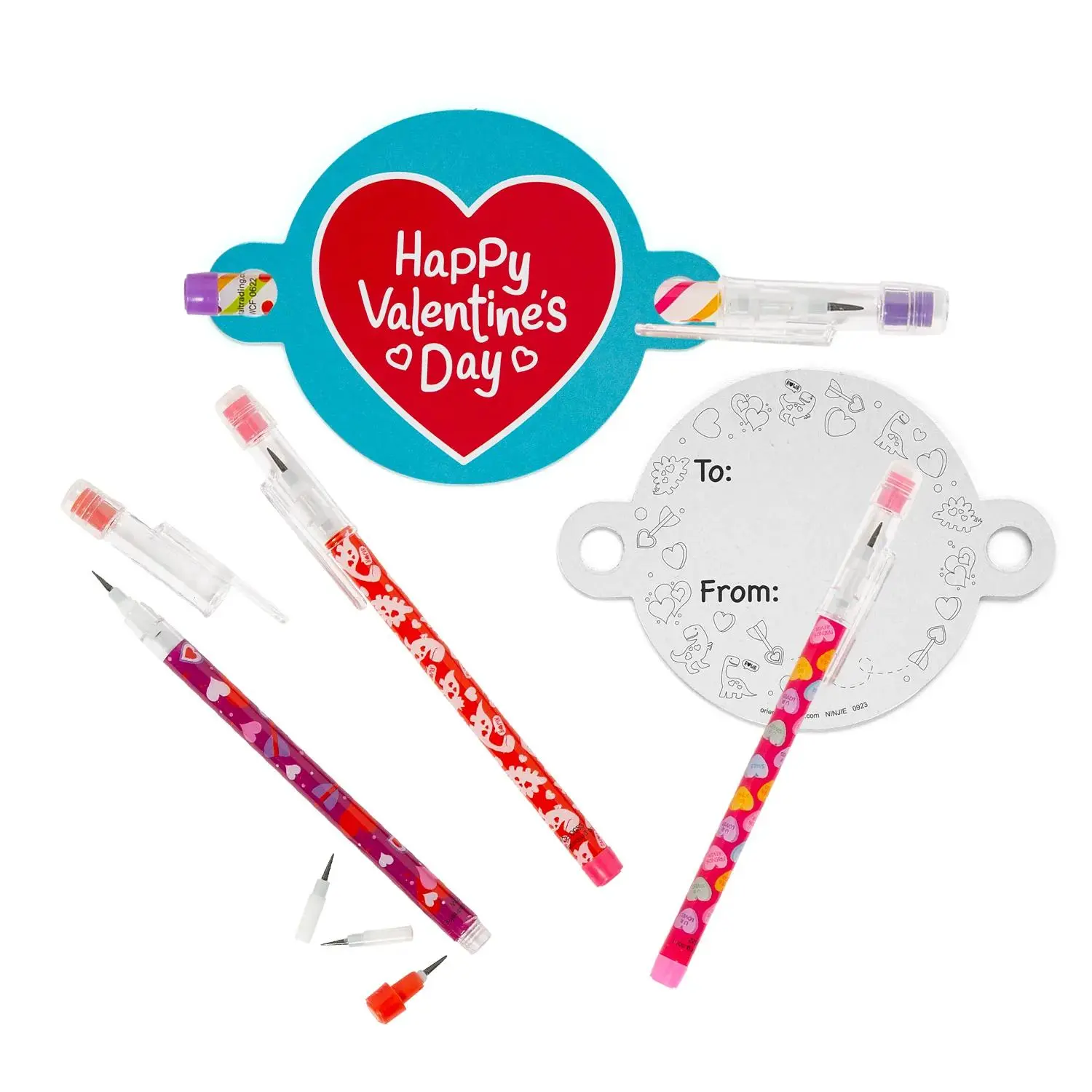Stacking Pencils with Valentine's Day Cards, 24 Count Cute Designs Gift Baskets, Office Stationery Party Favors for Writing & Correction Tools
