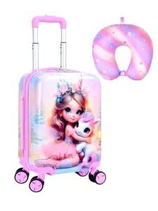 2Pcs Kids Princess Unicorn Luggage Set - Hard Shell Carry On Suitcase with Spinner Wheels + U-Shaped Neck Pillow, Cute Princess Hugging Unicorn Print Travel Trolley for Girls