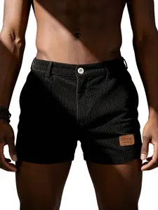 Men's Casual Outdoor Three-Quarter Shorts, Soft Vintage Velvet Material, Leather Letter Label, Zipper Button Closure, Ideal for Hiking, Beach, Summer Gifts