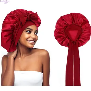 Women’s Large Wide‑Brim High‑Stretch Satin Sleep Bonnet with Bow Streamer & Adjustable Strap, Soft Smooth Round Hair Care Headscarf Hat, Breathable Luxurious Headwear for Night Sleeping, Salon Use and Daily Hair Protection