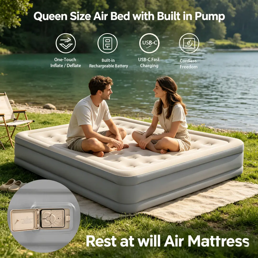 Inflatable mattress, built-in pump, 18-inch high inflatable bed, 600 lbs/inflatable mattress, PVC flocking top,camping.