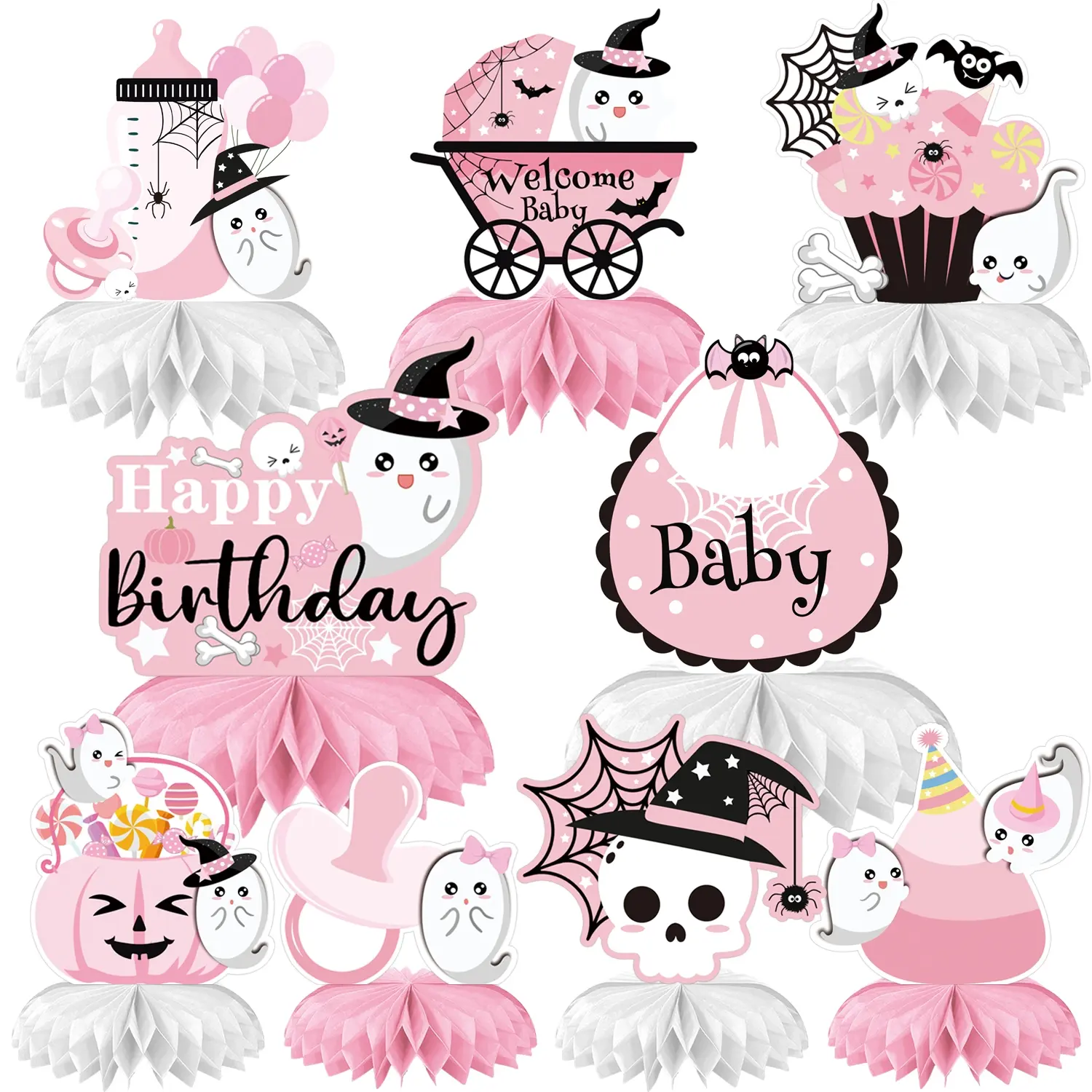 9 Pieces Pink Halloween Honeycomb Centerpieces Decoration, Baby is Brewing Baby Shower Decorations Halloween Baby Shower Party Decoration Gender Reveal Party Decoration Halloween Birthday Party Decorations, Decorations And Ornaments, Party Decoration Set