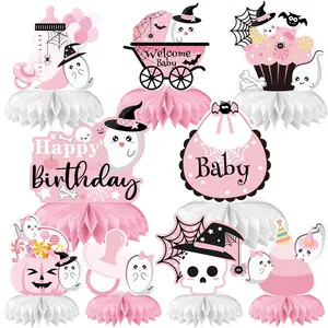 9 Pieces Pink Halloween Honeycomb Centerpieces Decoration, Baby is Brewing Baby Shower Decorations Halloween Baby Shower Party Decoration Gender Reveal Party Decoration Halloween Birthday Party Decorations