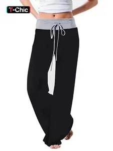 Women's Patchwork Drawstring Waist Wide Leg Pants Casual Sporty Trousers Chic Comfy Spring Fall Daily Wear Womenswear Bottoms Lounge Loose, Comfort, Cozy, Versatile, Style, Outfit, Essential, Trendy, Elegant
