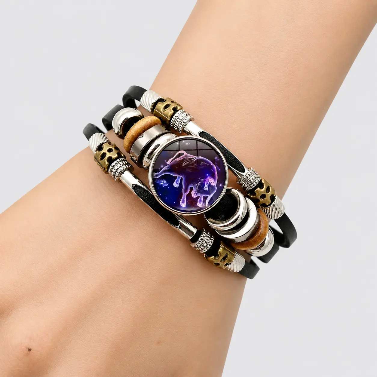 12 Constellation Leather Bracelet Zodiac Sign Glass Snap Button Bracelets For Men Women