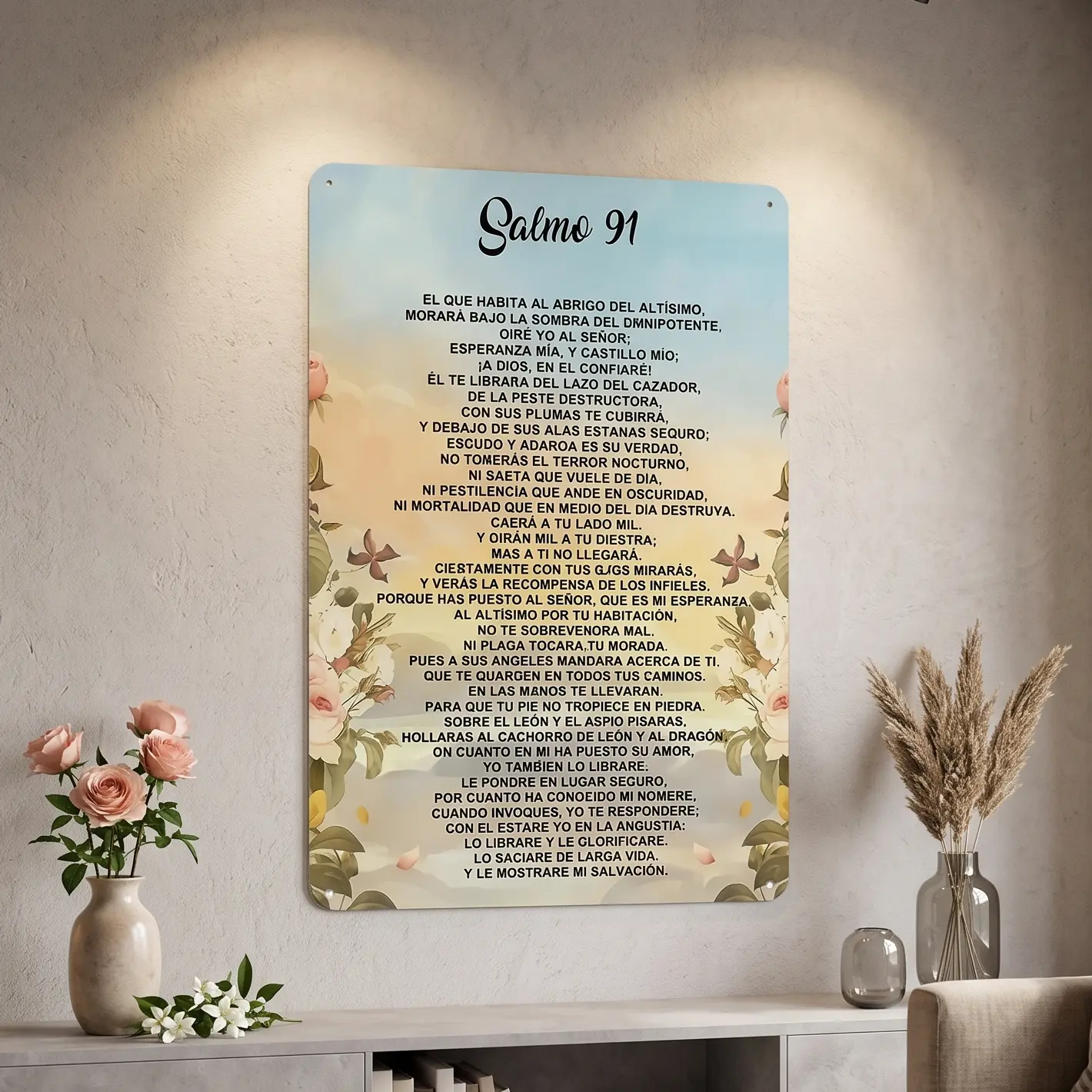 "Salmo 91" Spanish Bible Verse Cotton Canvas - Unframed Watercolor Pink Floral Sky Poster, Aesthetic Oración de Protección Scripture Print for Living Room Decor