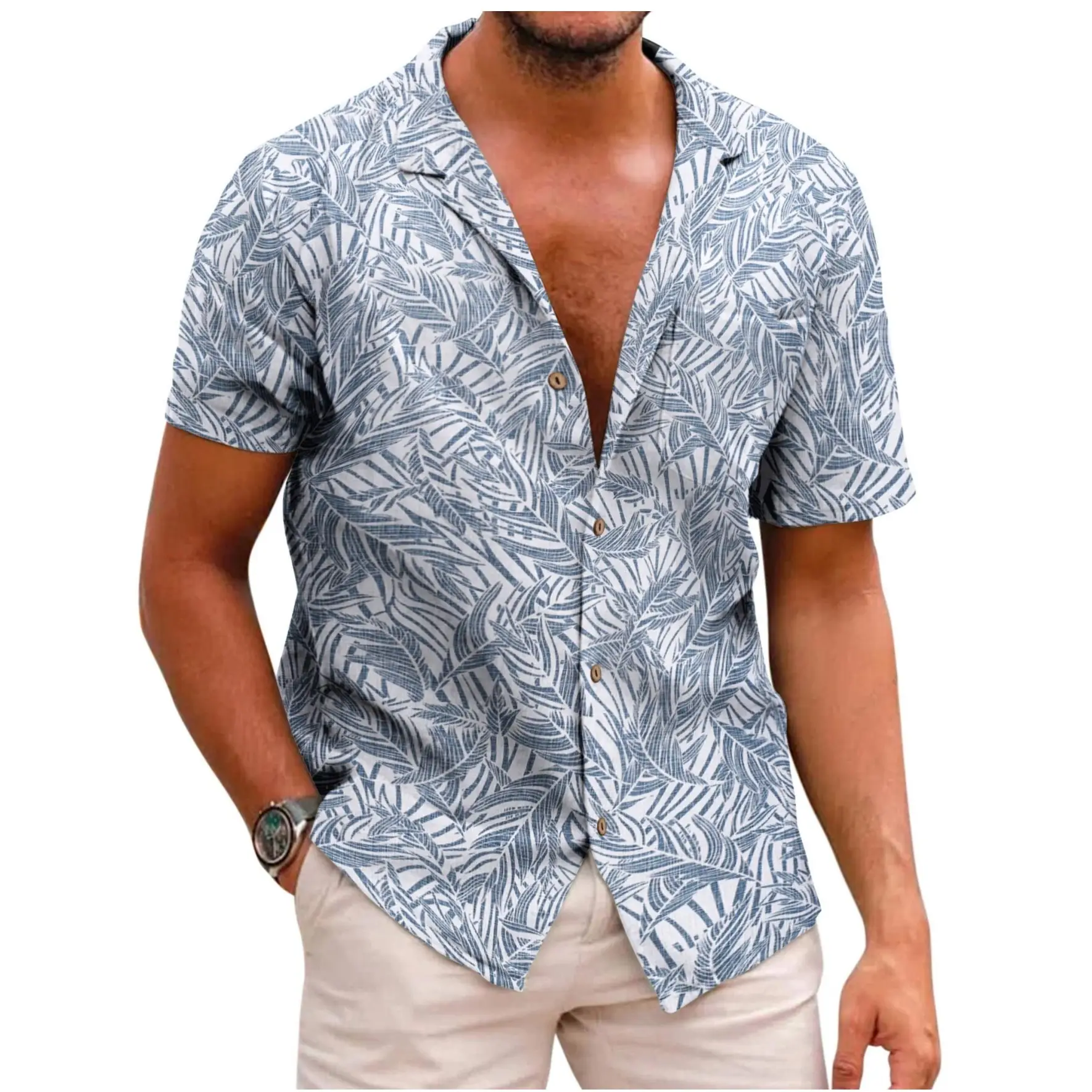 COOFANDY B Men's Cotton Linen Tropical Holiday Beach Shirt Classic Floral Menswear Top Overall Collar Casual Shortsleeve