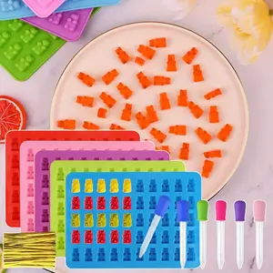 [DIY Candy set] 5 Silicone Gummy Bear Molds | 5 Dropper, 100 Cellophane Bags, 100 Twist Bars | DIY Candy Making Tools | for Halloween, Christmas Party & Sugar Candy Crafting