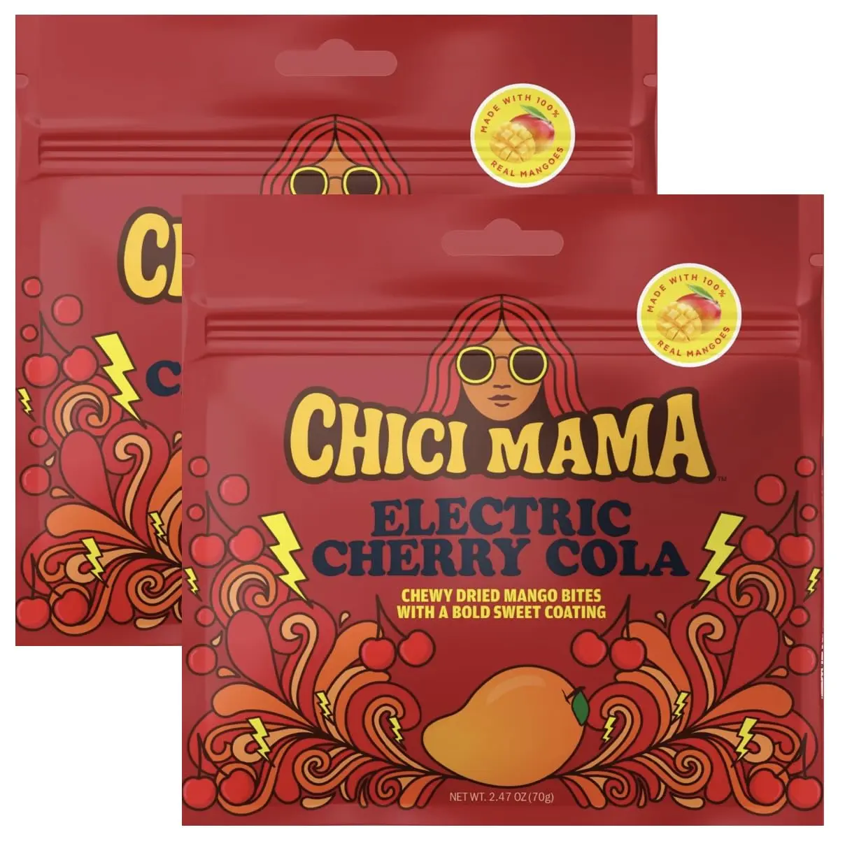 Chici Mama Electric Cherry Cola Mango Bites – Made with Real Mango | Chewy, Juicy Candy-Alternative Treat | No Artificial Colors, Flavors, or Sweeteners | Gluten-Free, Naturally Vegan & Allergy-Conscious | 2 Pack - 70g
