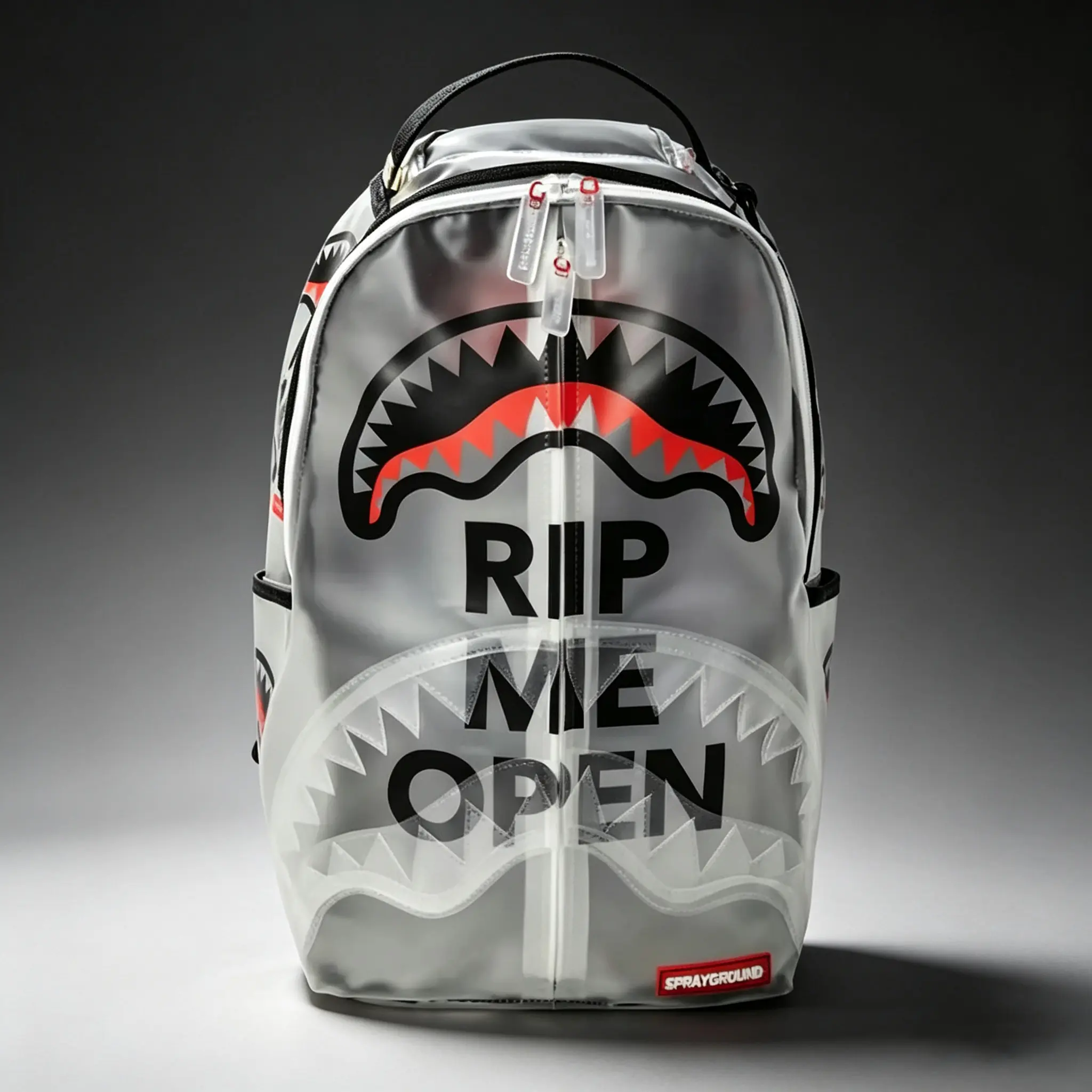Sprayground Rip Me Open Backpack - Transparent Design with Bold Shark Mouth Print and "Rip Me Open" Text
