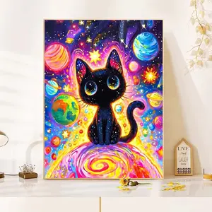 1Pc Black Cat Under Tthe Dazzling Starry Sky Diamond Painting Full Round Home Living Room Decoration Painting Mosaic DIY Diamond Sticker Modern Art Hand Embroidered Handmade Gifts