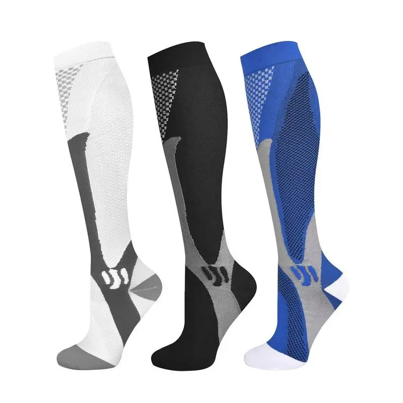 3 Pairs Sport Breathable Compression Socks for Men Women Knee High Calf Leg Athletic Support 20-30 mmHg Nylon Cotton Moisture Wicking Gift for Joggers Athletes Sports Socks