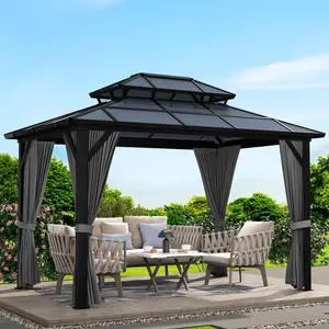 【Christmas Gift】10' x 13' Hardtop Gazebo, Metal Gazebo with Aluminum Frame, Double Galvanized Steel Roof, Pergolas for Patios, Garden, Parties, Lawns，Dark Grey