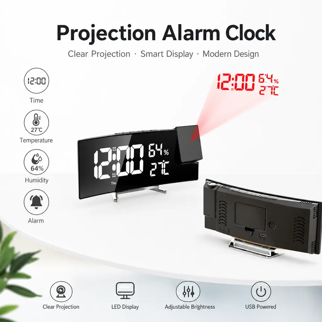 Large-Screen Curved LED projection clock ，180°rotatableprojection Fits wall & ceiling，2-level brightness adjustment，Dual Power Supply，Time Projected on Your Wall Even at Midnight