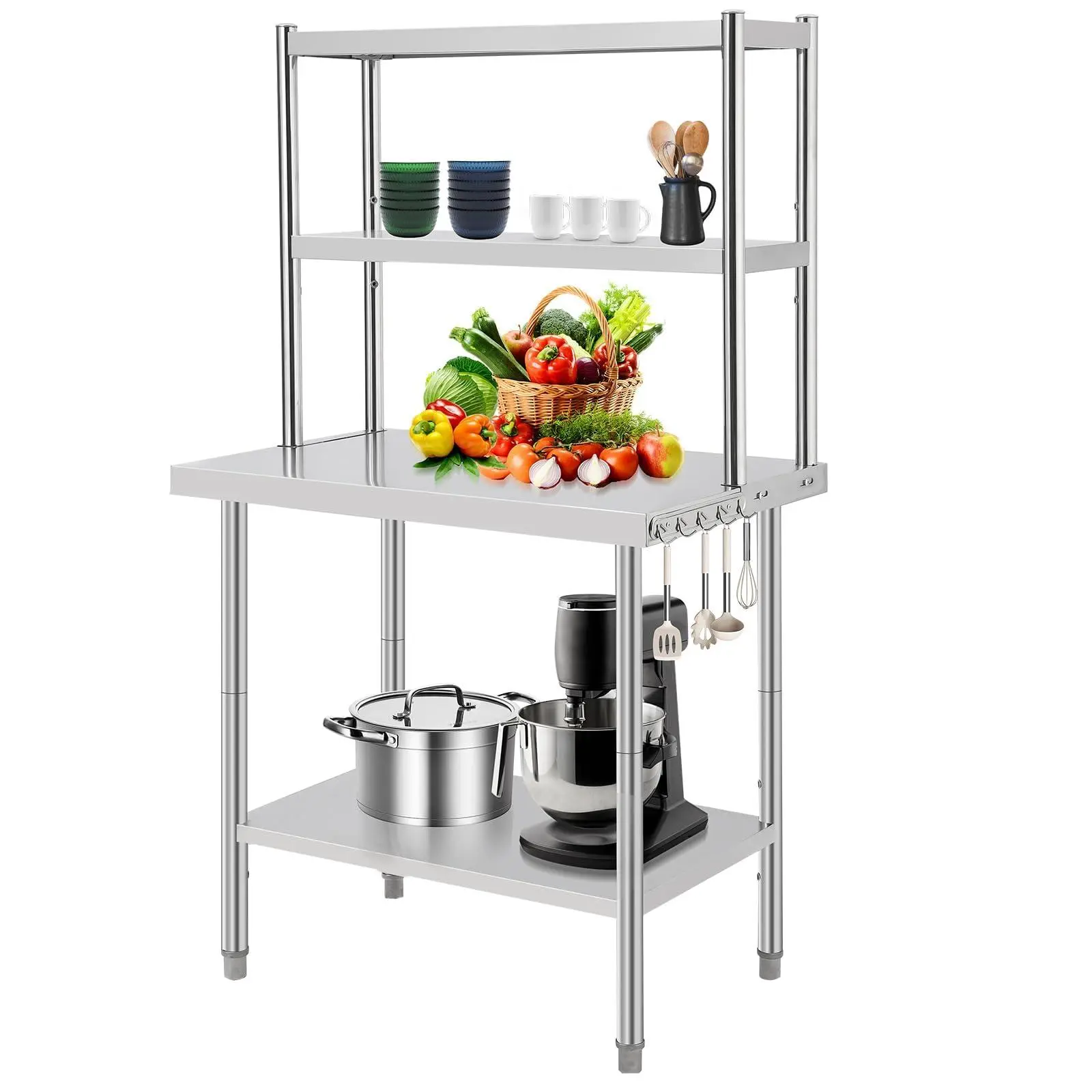 Stainless Steel Table with Shelves,48"X24"X67" Prep Table with Hooks,Heavy Duty Worktable Workbench for Home Commercial Kitchen Steel Countertop Cooking Utensil Holder