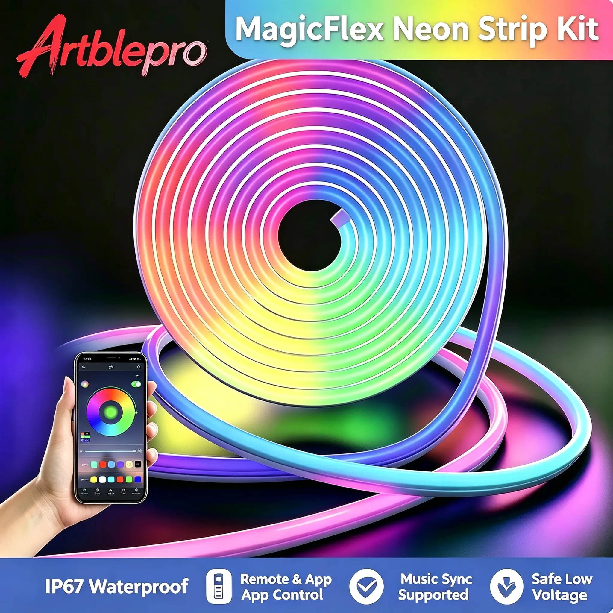 ARTBLEPRO LED Neon Rope Strip Lights, 32.8ft RGB Multicolored LED Interior Strips, App Remote Control, Music Sync, IP67 Waterproof Flexible Indirect Lighting for Gamers’ Bedroom Decor, Rgb Multicolored Light, Led Lights