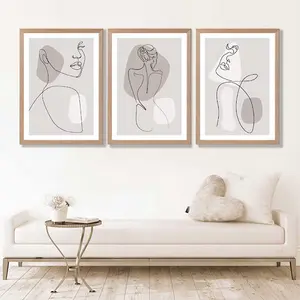 Set of 3 Beige Abstract Female Line Art Prints, Minimalist Gallery Wall Art, Unframed Poster