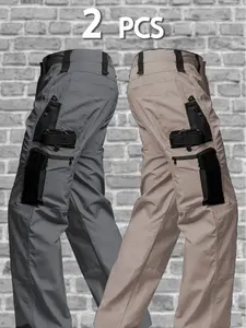 Men's Solid & Camo Print Pockets Zipper Waterproof Tactical Cargo Pants without Belt, Regular Fit Sporty Pockets Durability Trousers for Fall, Wear-resistant Outdoor Training Pant for Men