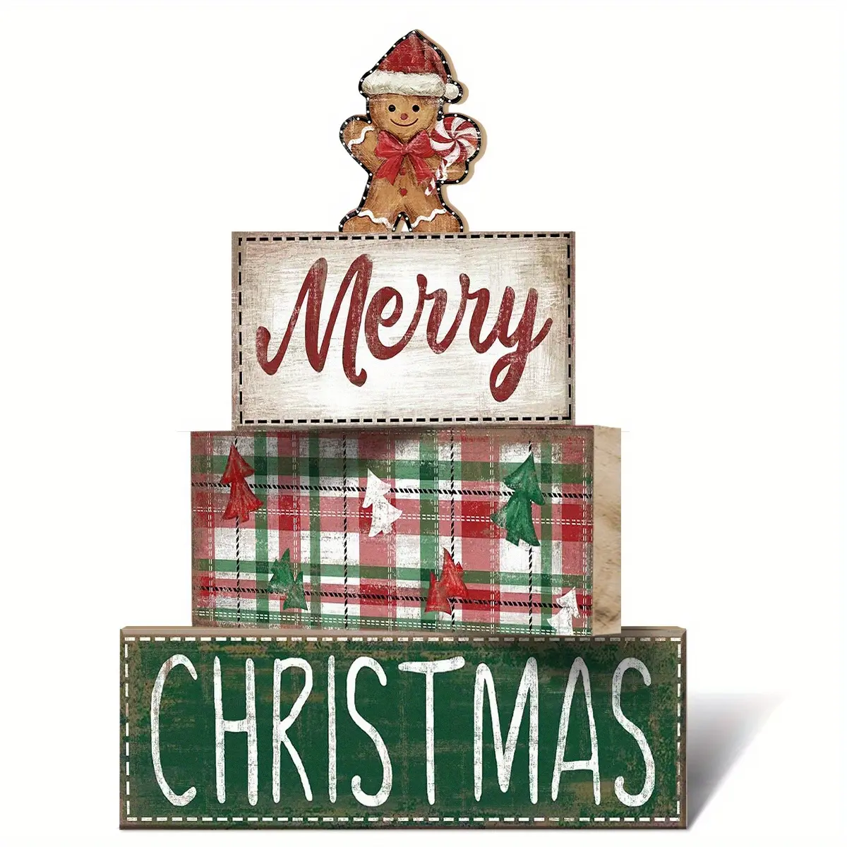 4 pcs Christmas Table Centerpiece Rustic Decorative, Tiered Tray Decor, Nativity Scene Wooden Decoration, Funny Gingerbread Christmas Sign, Block Signs Gift Farmhouse Winter Table Decoration for Home Kitchen, Ornaments Decor