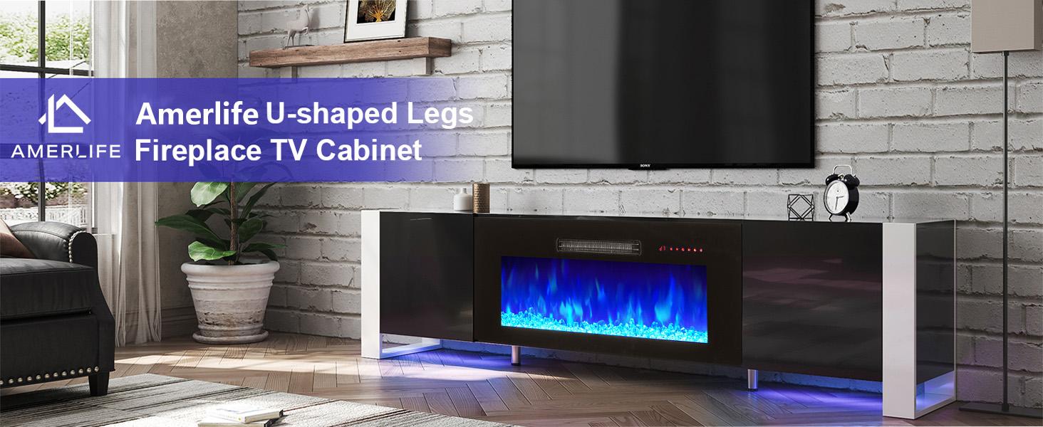 [Ships in 2 Boxes] [Spring Sale] AMERLIFE U-Shaped Legs Fireplace TV Stand, Media Console with Electric Fireplace and LED Lights, Modern Entertainment Center with Storage Shelf, Apartment Furniture/Best Gift Ideas/Christmas Gifts