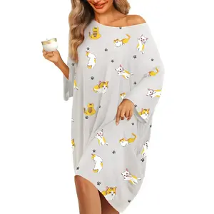 Plus Size Women’s Nightgowns/Sleep Shirts – Oversized Bamboo Short-Sleeve Printed Pajama Top with Pocket, Comfortable Cute Lounge Wear T‑Shirt Dress, DHJF230524