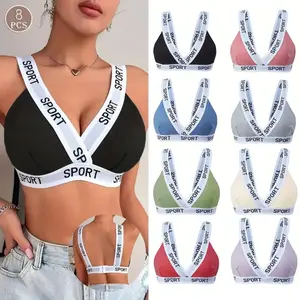 8-piece letter-print tape bra, breathable and comfortable for everyday wear, suitable for all seasons. Women's underwear, French deep V-neck sports bra, no padding, yoga/fitness, back support, triangle cup bra, thin style.