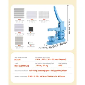 VEVOR Button Maker Machine, 1.97x 1.97 in Square, Plastic Pin Maker with Tinplate Front Shells, Plastic Back Covers, Magnetic Backings and Transparent Films, Ergonomic Handle, for DIY Badges, Blue