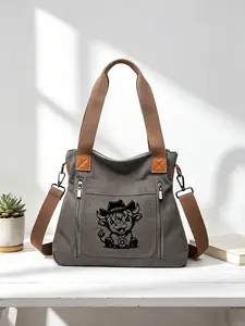 Cute Cow Print Storage Bag, Large Capacity Multi-Pocket Tote, Versatile Shoulder Crossbody Bag, Adjustable Strap, Student Commuter Backpack, Casual Shoulder Bag