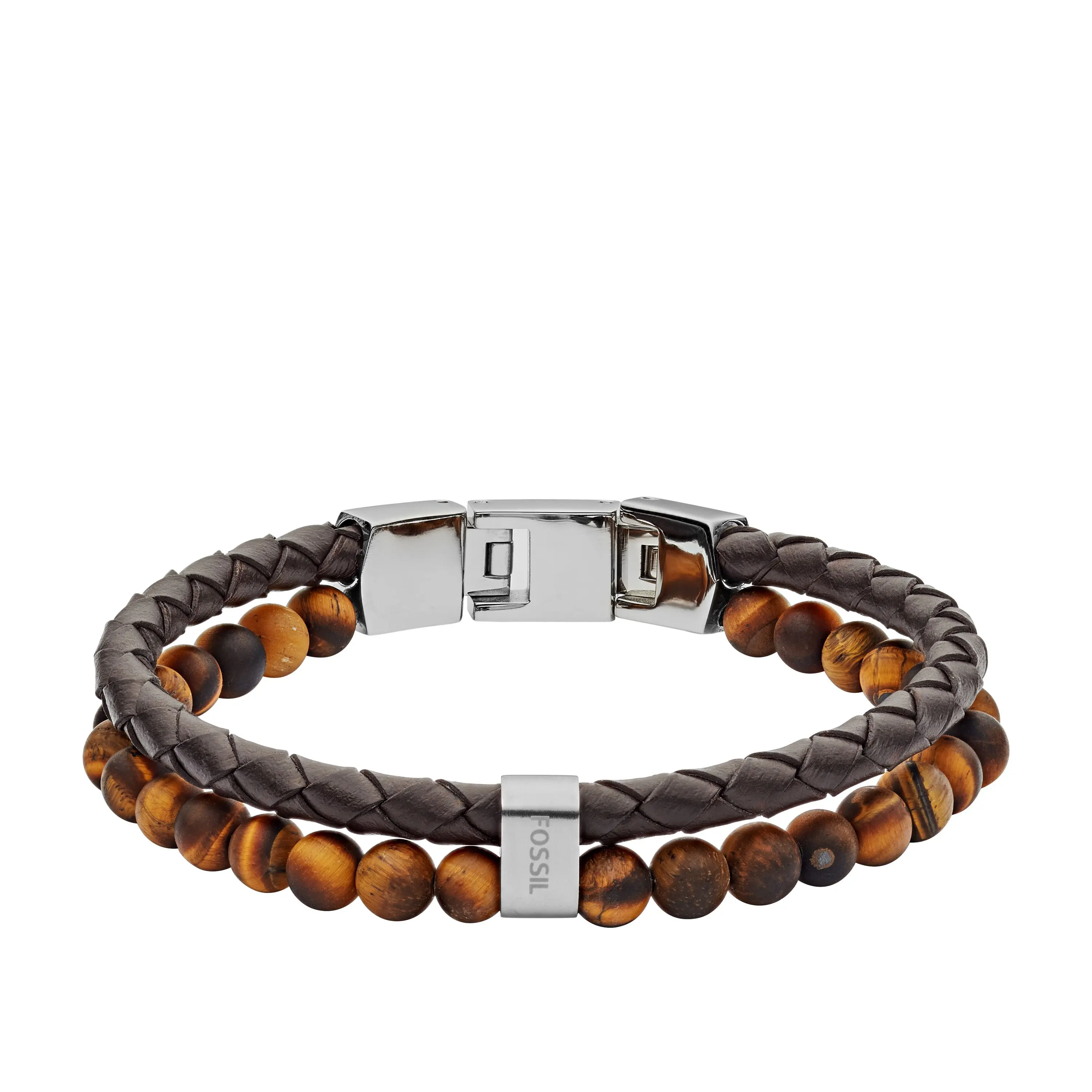 Fossil Men's Beaded Tiger's Eye and Brown Leather Bracelet