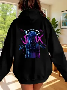 Jinx Women's Cartoon Graphic Back Hoodie - Black Polyester with Neon Blue and Purple Accents, Machine Washable, Casual League of Legends Sweatshirt