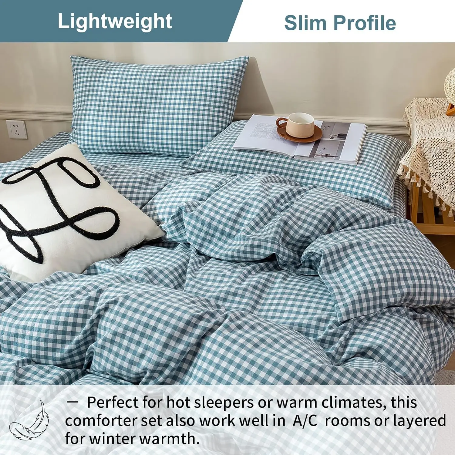 EAVD Blue Gingham Comforter Set Full Soft White and Blue Bedding Set with 2 Pillowcases Grid Comforter Set Reversible Farmhouse Gingham Bedding Set for All-Season EAVD Blue Gingham Comforter Set Full Soft White and Blue Bedding Set with 2 Pillowcases Grid Comforter Set Reversible Farmhouse Gingham Bedding Set for All-Season