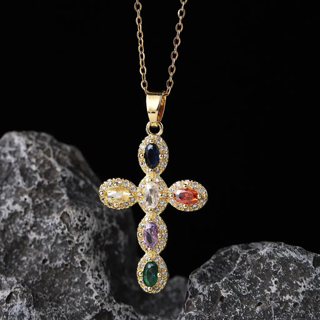 LunaStdla Colorful Cross Necklace - Simple Versatile Christian Cross Graphic Pendant with Zirconia, Zircon Stones Necklace for Women, Ideal for Daily Wear, Costume Accessory, Jewelry Gift, Cross Necklaces, Colorful Cross Necklaces