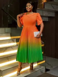 AM041018 Cross-border Plus-size Gradient Color-blocking Pleated Dress, Elegant Formal Wear Party Dress