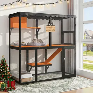 Wooden Catio Outdoor Cat Enclosure, Large 4-Tier Cat House for Multiple Cats with Waterproof Cover & Ramp, Indoor/Outdoor Cat Playpen for Backyard Patio