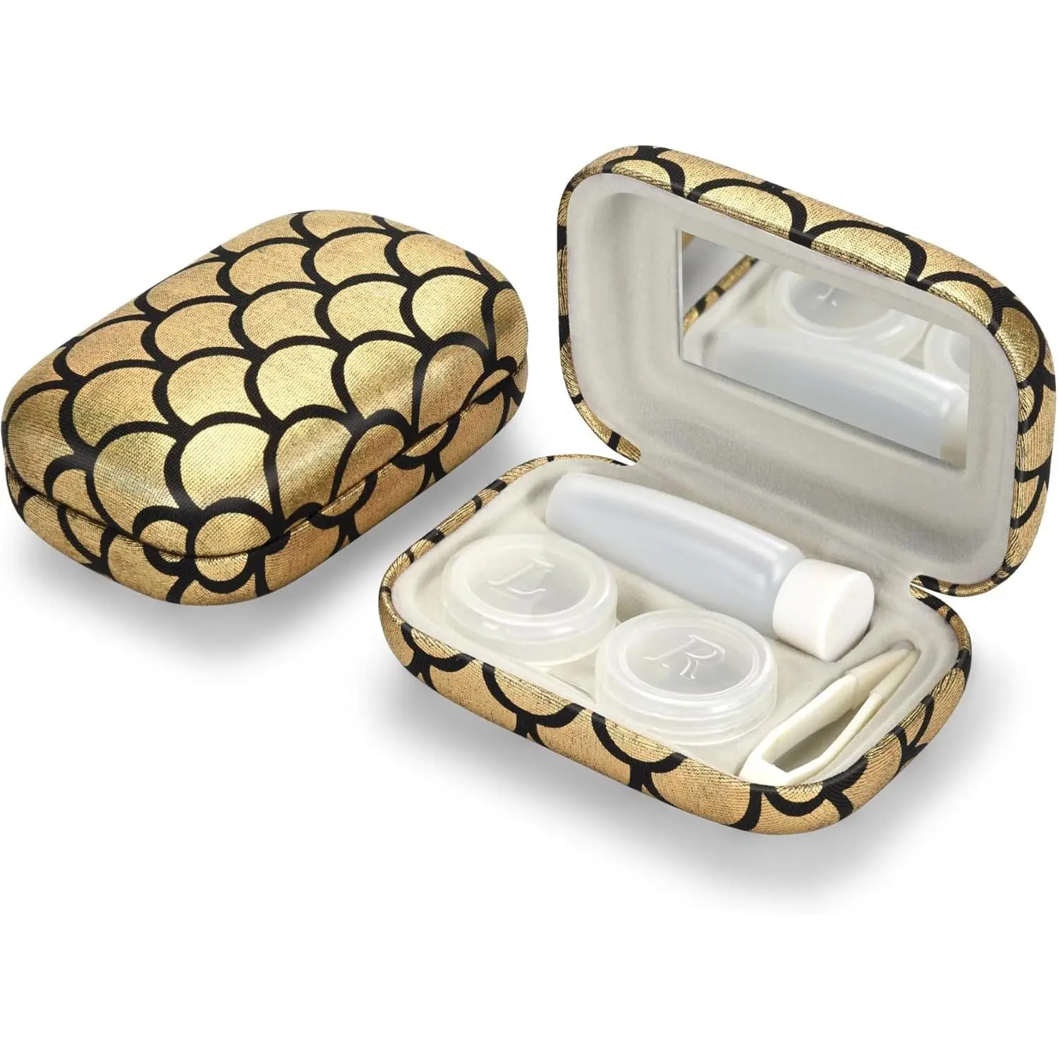 Fish Scale Contact Lens Case,Portable Contact Lens Travel Kit with Mirror,Container,Tweezer,Contact Lens Solution Bottle,Compact Soak Storage Kit for Travel Outdoors Daily Use
