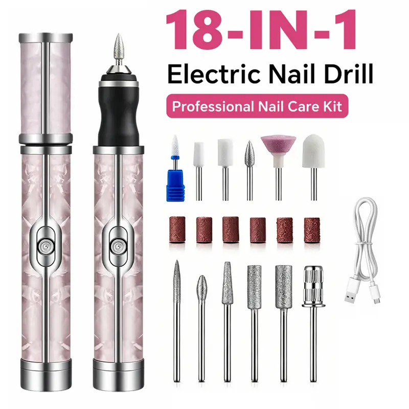 Unisex 18-in-1 Cordless Electric Nail Drill - Compact Nail Care E-File, 4 Adjustable Speeds, Low Noise, Smooth Polishing Tool for Home DIY Manicure, Pedicure (Manicure Style Pedicure Tool)