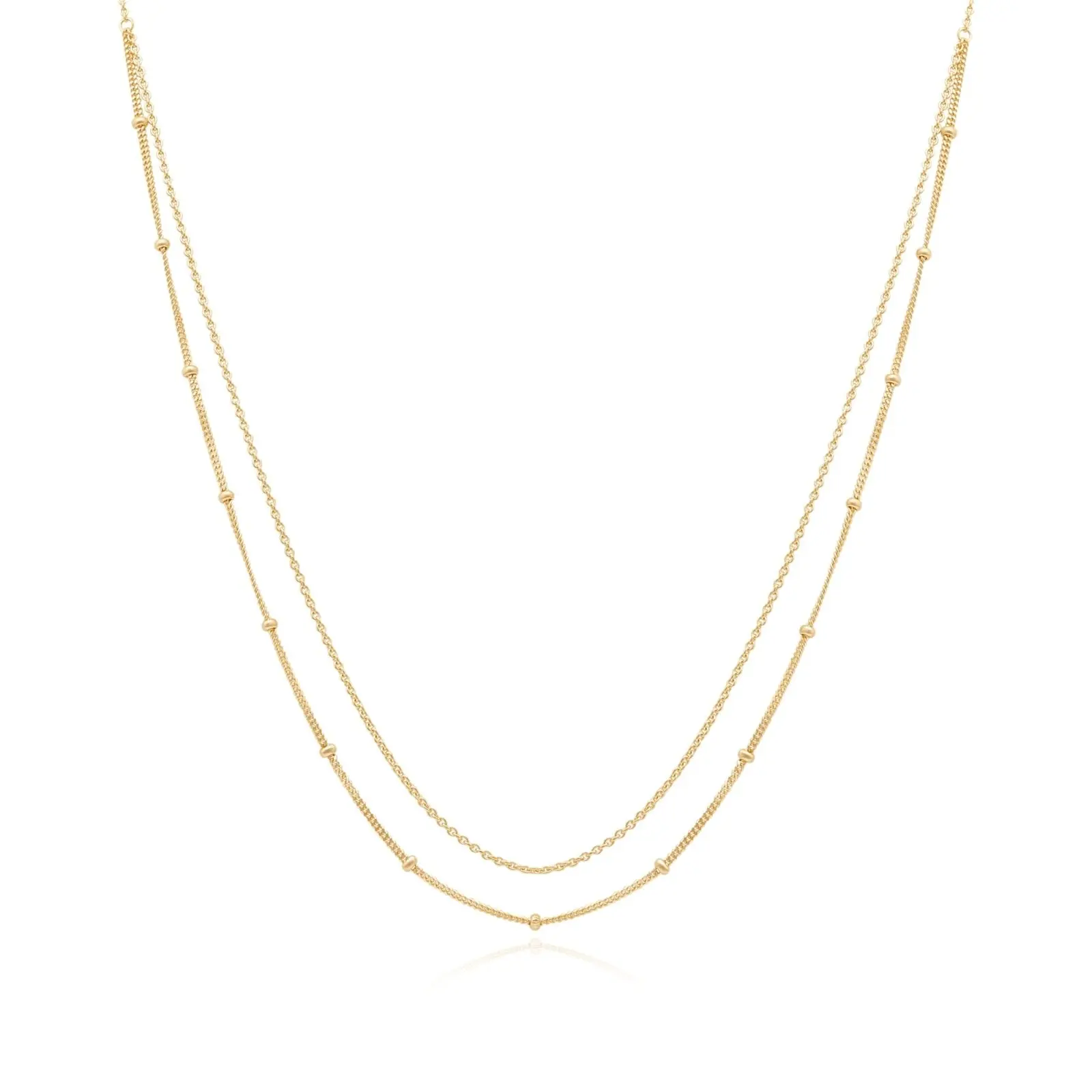 Beaded And Cuban Double Layer Chain Necklace in Solid 14k Yellow Gold