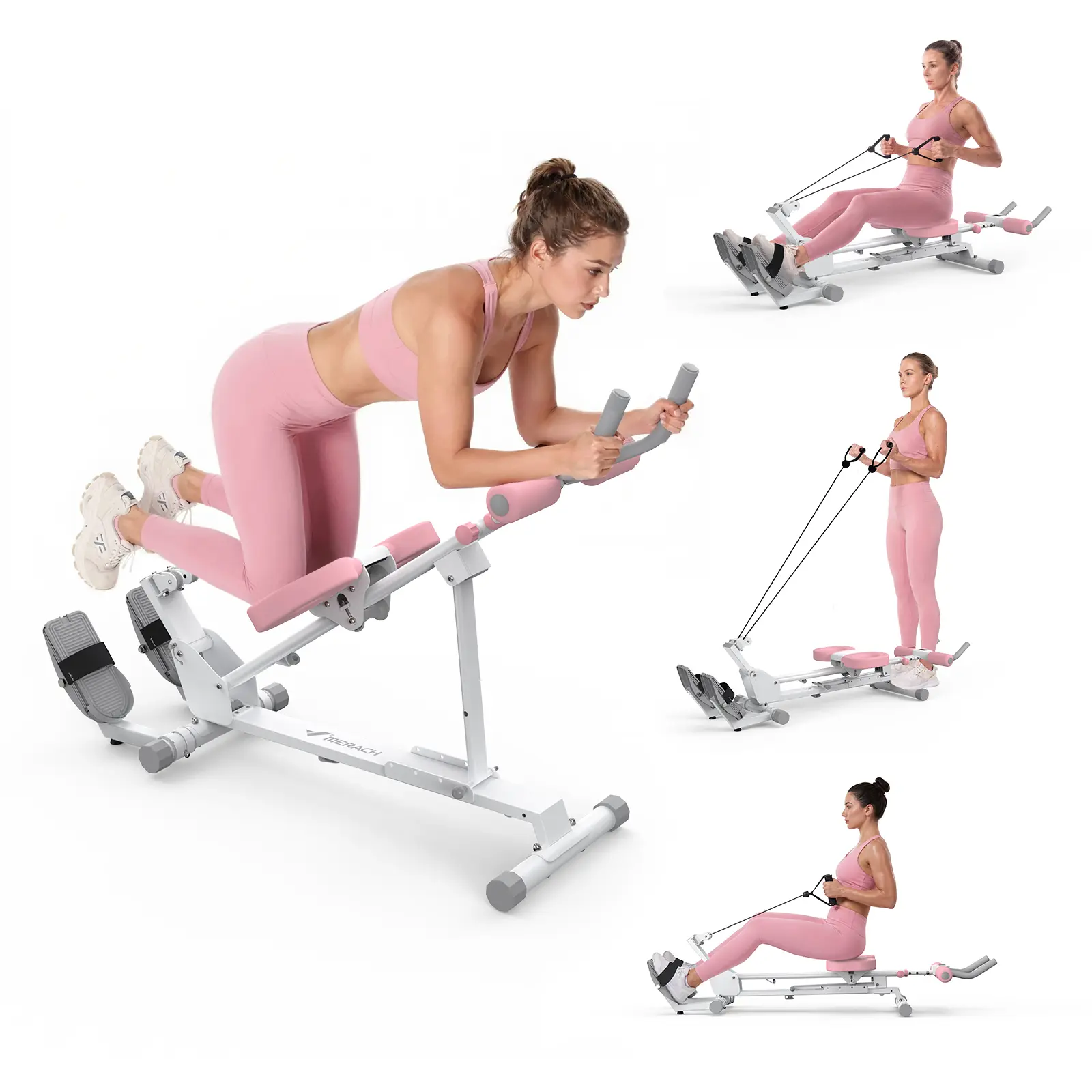 Merach 4 in 1 Ab Trainer Rowing Machine, 4 Incline & 6 Length Adjustable, 3 Elastic Rope Resistance Levels, LCD Monitor,Full Body Shaper for Arms Legs Buttocks Home Gym BackToSchool