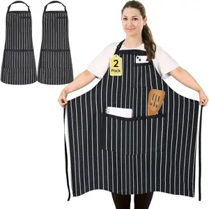 2 Pack Plus Size Stripe Kitchen Apron, Unisex Professional Large Chef Apron with 3 Pockets for Cooking, Work, Baking