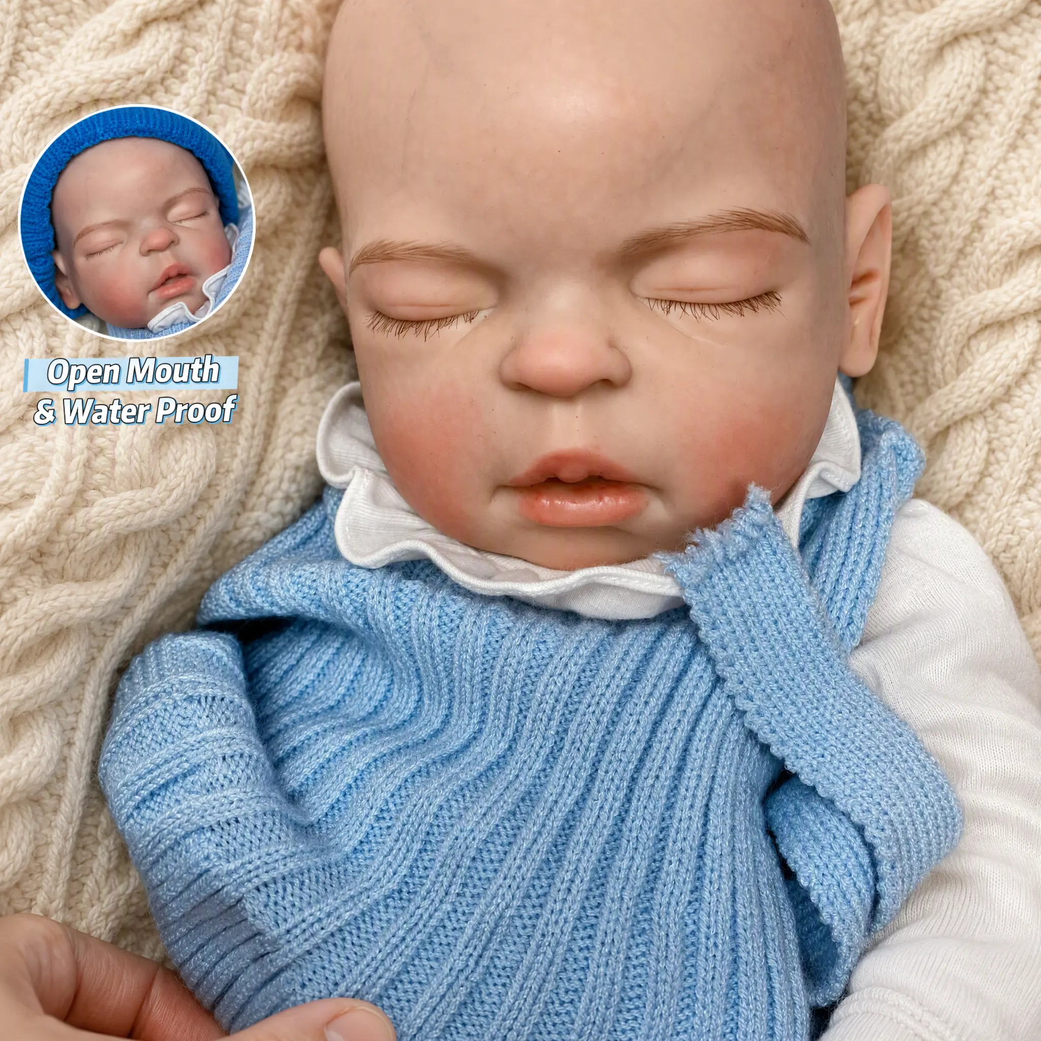 22" (55cm) Full Silicone Reborn Baby Girl Doll - Realistic Sleeping Newborn with Open Mouth, Soft Touch, Blue Knit Outfit, Birth Certificate, Accessories, 3+ Years Collecting Lifelike Gift for Christmas, Birthday