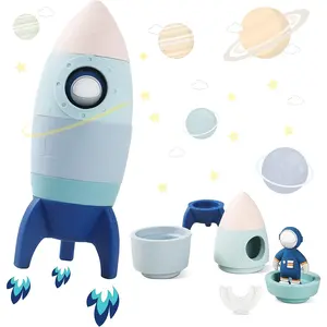 Silicone Rocket Stacking Toy - Space Rocket Toy - Baby Teething Toys -Early Learning Stacking Tower Educational Learning Stacking Toys Nesting Toy for Early Educational for Infants (Blue)