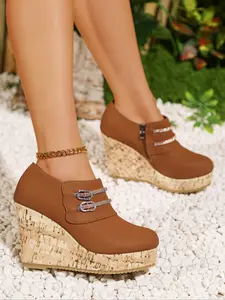 Women's Multifunctional Thick Sole Wedge Loafers, Espadrille Platform Wedges, Textured Woven Heel, Comfortable Casual Shoes, Perfect for Daily Wear