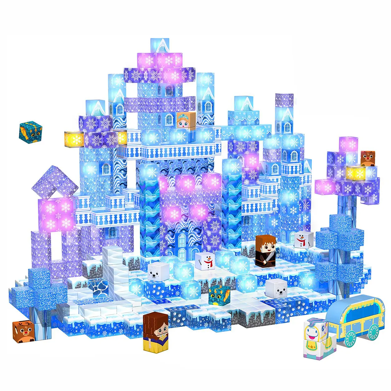 200 PCS Magnetic Blocks with Light Up Blocks - Transparent Magnetic Building Block for Kids Age 3+, Magnet Cubes Blue Castle, Magnets Toys Easter Birthday Gift Summervibes for Boys Girls 4 5 6 7 8 9 10 11 12+