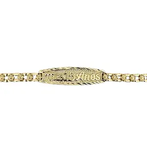 Gold Plated 15 Years Quinceaños Bracelet 7" Long with 2" Extensor Elegant Feather Design 1.3cm Wide