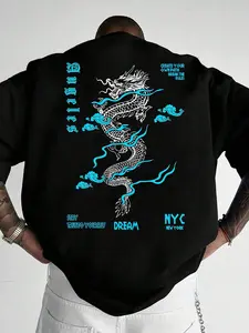 Men's Dragon & Letter Print Round Neck Tee, Regular Fit Casual Streetwear Fashion Short Sleeve T-shirt for Daily Wear, Men's Top for All Seasons, Casual Summer Clothing, Menswear