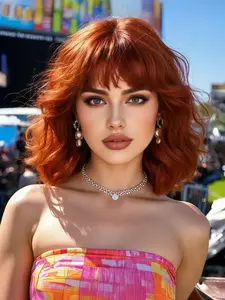 10 Inch Wavy Wigs with Bangs, Synthetic Material Wigs, Synthetic Hair, Curly Hair Style, Heat Resistant Fiber, Fashionable Look for Daily Elegant Wear, All Seasons Use