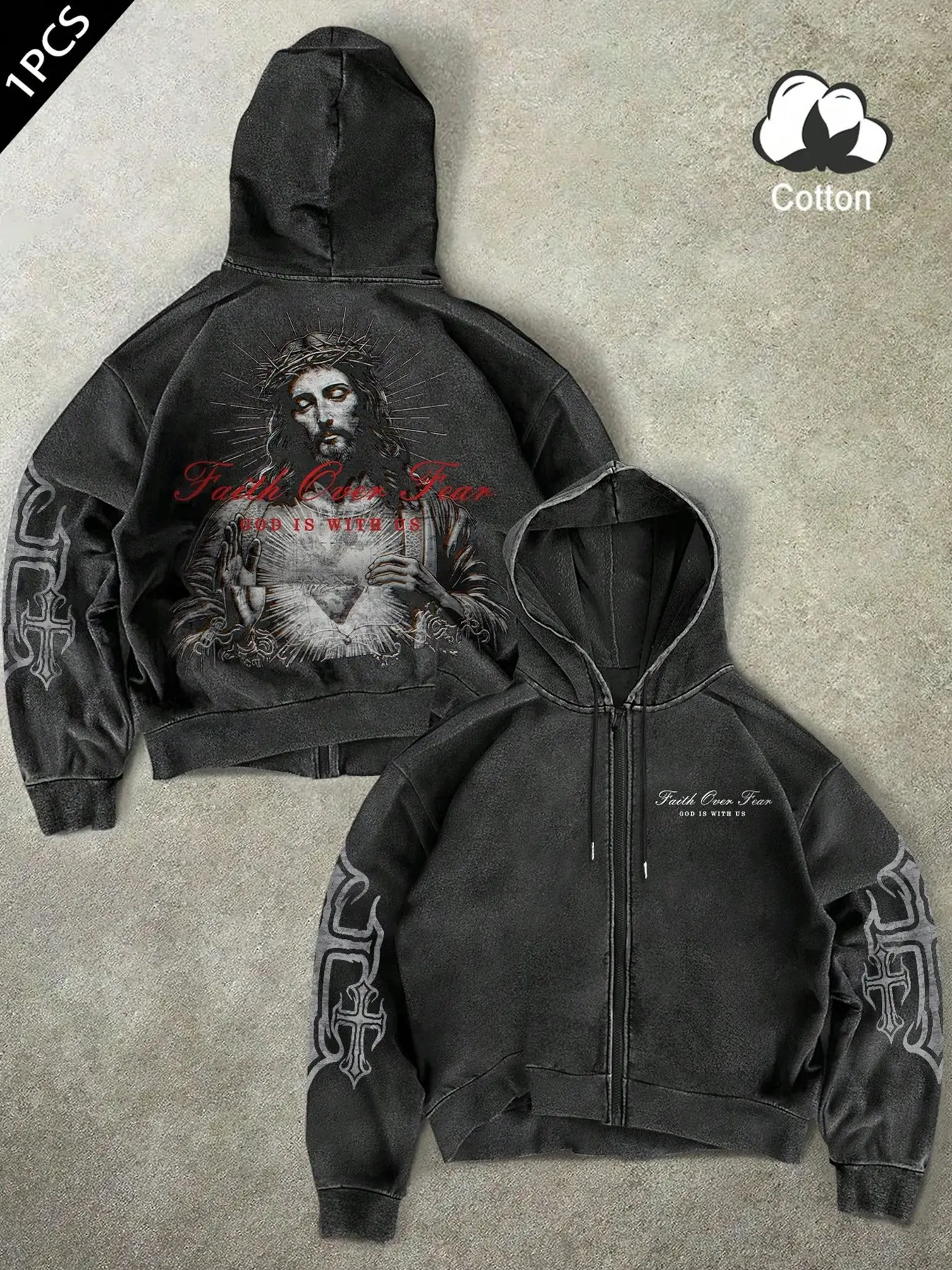 Men's Vintage Distressed Zip Hoodie, Faith over Fear Print, Jesus Graphic Pattern, Oversized Fit, Soft Cotton Material, Casual Streetwear Style, Spring & Fall