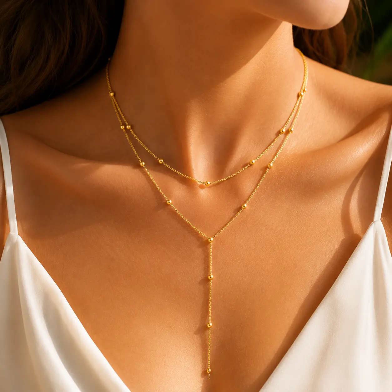 VNOX Layered Necklace for Women, Gold Color Dainty Beaded Y Lariat Double Layer Chain Jewelry, Trendy Summer Accessories for Daily Outfit Party Gift