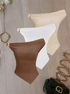 Women's Metal Buckle Decorated Asymmetrical Shoulder Top Set, Irregular Hem Slim Fit Vest, Daily Streetwear Basic Shirt