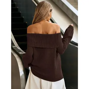 Gaze Casual Off Shoulder Women's Solid Color Long Sleeve Sweater,Off The Shoulder Sweater,Grey Sweater,Fall Sweaters,Fall Women Sweaters,Women Sweaters,Fall Sweaters,Fall,Outgoing,Brown Sweater